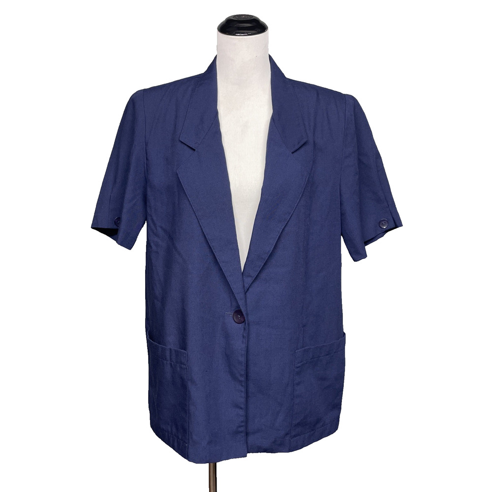 Vintage Sag Harbor Womens 16 Blue Short Sleeve Ramie Rayon Blazer Jacket